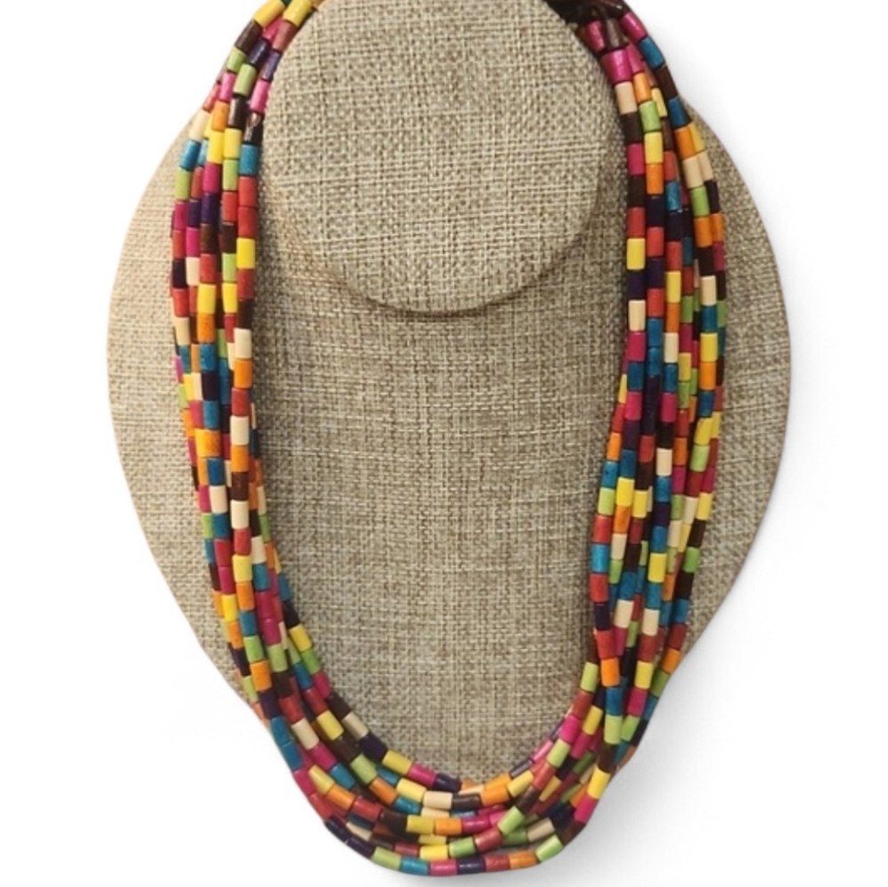 Wooden Beaded Multi-Strand Necklace Boho 22”